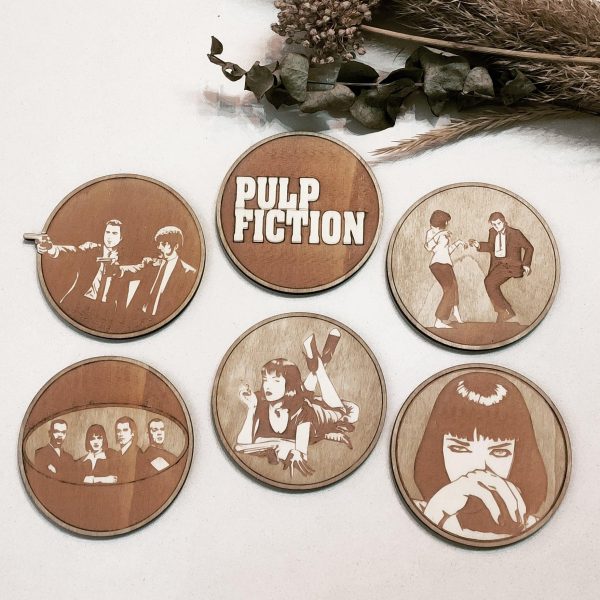 Set of 6 Pulp Fiction Wooden Coasters - Handmade Gift - Housewarming - Wood Kitchenware