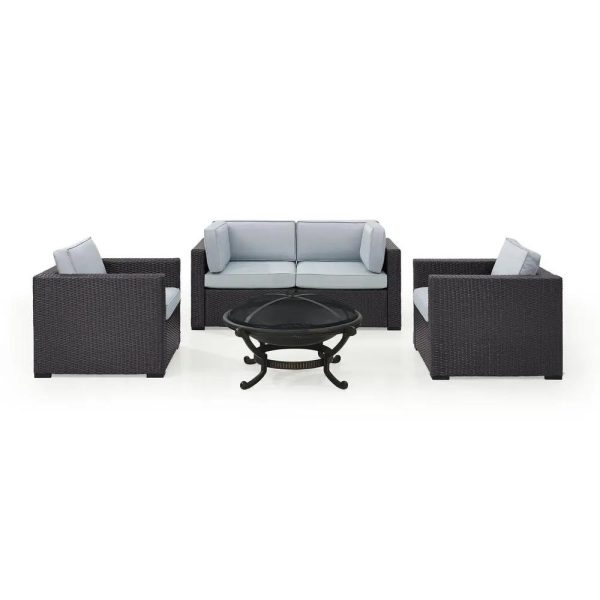 Biscayne 5Pc Outdoor Wicker Conversation Set W/Fire Pit Mist/Brown - Ashland Firepit, 2 Armchairs, & 2 Corner Chairs - Image 2