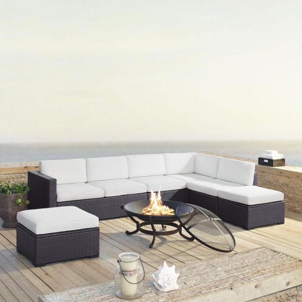 Biscayne 6Pc Outdoor Wicker Sectional Set W/Fire Pit White/Brown - Ashland Firepit, 2 Loveseats, Armless Chair, & 2 Ottomans