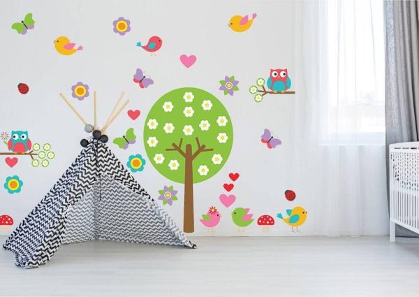 Nursery Tree Vinyl Wall Decal - Large Decor Bird Owl Boy Girl Kid Baby Art Set Sticker - Colorful Butterfly Room Nature Playroom Big Mural - Image 2